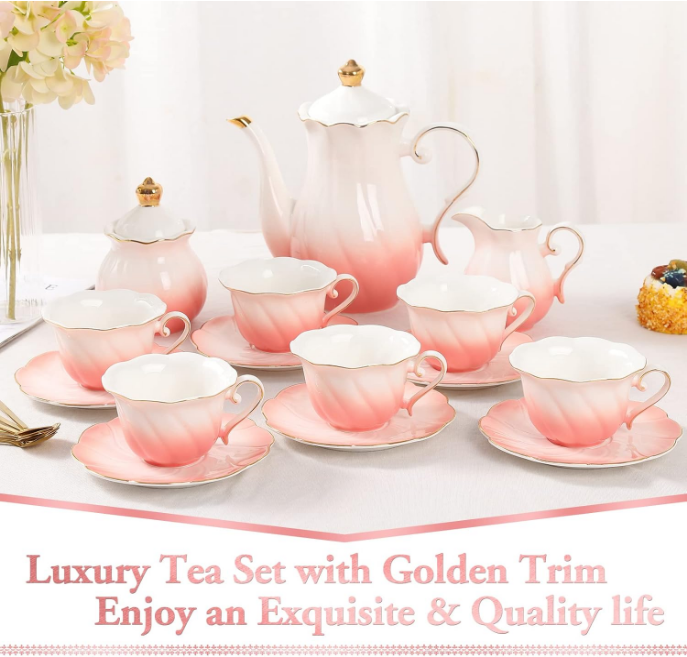 22 pcs Porcelain Tea Set for 6, Luxury British Style Tea/Coffee Cup Set with Golden Trim, Beautiful Tea Set for Women, Tea Party Set, Gift Package (With a Stand) - Gradient Pink
