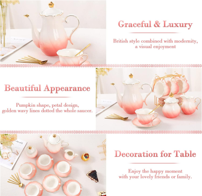 22 pcs Porcelain Tea Set for 6, Luxury British Style Tea/Coffee Cup Set with Golden Trim, Beautiful Tea Set for Women, Tea Party Set, Gift Package (With a Stand) - Gradient Pink
