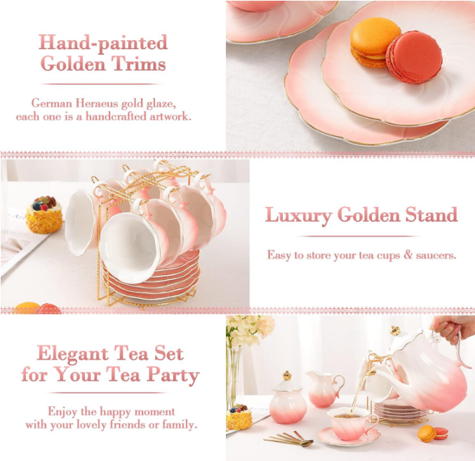 22 pcs Porcelain Tea Set for 6, Luxury British Style Tea/Coffee Cup Set with Golden Trim, Beautiful Tea Set for Women, Tea Party Set, Gift Package (With a Stand) - Gradient Pink