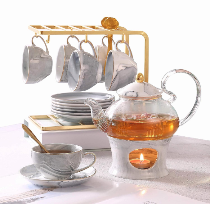 21 pcs Small Tea Set of 6, Gray Marble Texture with Handcraft Golden Trim, Fine Porcelain Tea pot Set for Kids&Adults, 1 Glass Teapot(22oz), 6 Cups(4oz), 6 Saucers, 6 Spoons, 1 Shelf&1 Warmer