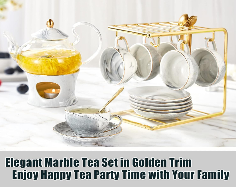 21 pcs Small Tea Set of 6, Gray Marble Texture with Handcraft Golden Trim, Fine Porcelain Tea pot Set for Kids&Adults, 1 Glass Teapot(22oz), 6 Cups(4oz), 6 Saucers, 6 Spoons, 1 Shelf&1 Warmer