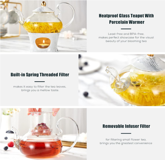 21 pcs Small Tea Set of 6, Gray Marble Texture with Handcraft Golden Trim, Fine Porcelain Tea pot Set for Kids&Adults, 1 Glass Teapot(22oz), 6 Cups(4oz), 6 Saucers, 6 Spoons, 1 Shelf&1 Warmer