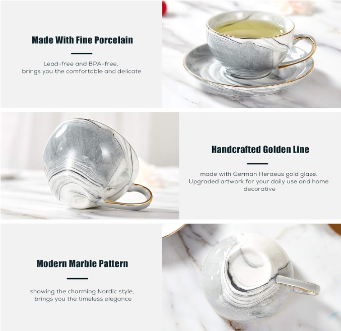 21 pcs Small Tea Set of 6, Gray Marble Texture with Handcraft Golden Trim, Fine Porcelain Tea pot Set for Kids&Adults, 1 Glass Teapot(22oz), 6 Cups(4oz), 6 Saucers, 6 Spoons, 1 Shelf&1 Warmer