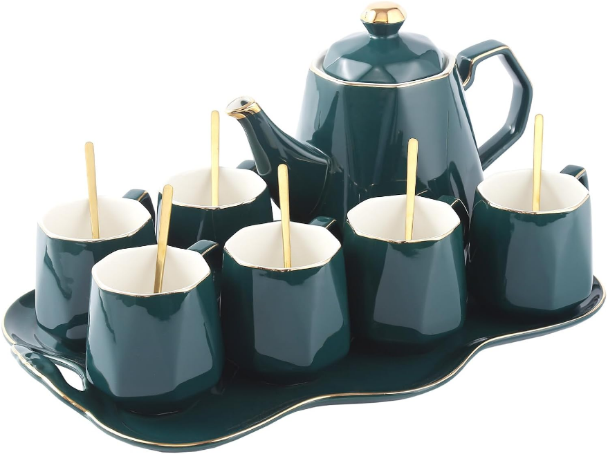 14 pcs Tea Set of 6 with Tea Tray & Spoons, Modern Diamond Design Tea/Coffee Cup Set with Golden Trim, Chic Porcelain Living Room Decor, Fine-china Teapot/Tea Party Set, Gift Package - Green