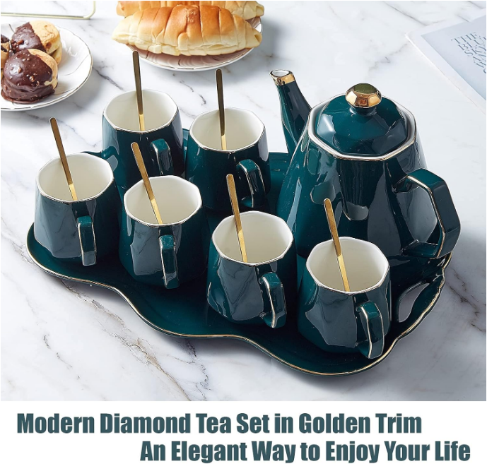 14 pcs Tea Set of 6 with Tea Tray & Spoons, Modern Diamond Design Tea/Coffee Cup Set with Golden Trim, Chic Porcelain Living Room Decor, Fine-china Teapot/Tea Party Set, Gift Package - Green