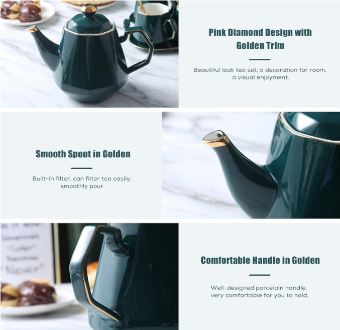 14 pcs Tea Set of 6 with Tea Tray & Spoons, Modern Diamond Design Tea/Coffee Cup Set with Golden Trim, Chic Porcelain Living Room Decor, Fine-china Teapot/Tea Party Set, Gift Package - Green