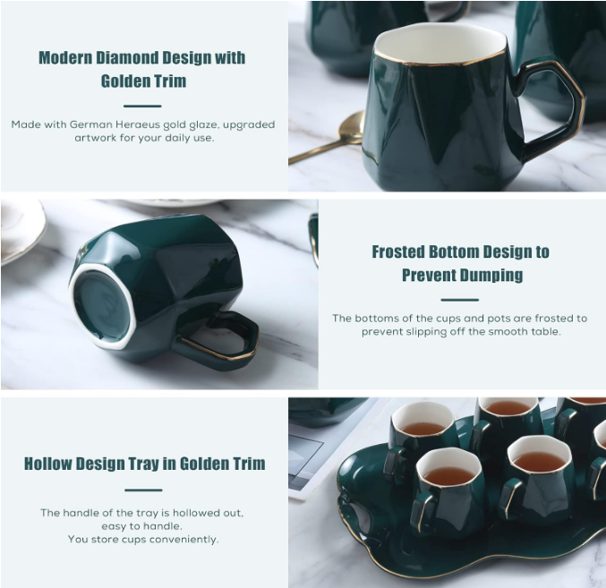 14 pcs Tea Set of 6 with Tea Tray & Spoons, Modern Diamond Design Tea/Coffee Cup Set with Golden Trim, Chic Porcelain Living Room Decor, Fine-china Teapot/Tea Party Set, Gift Package - Green