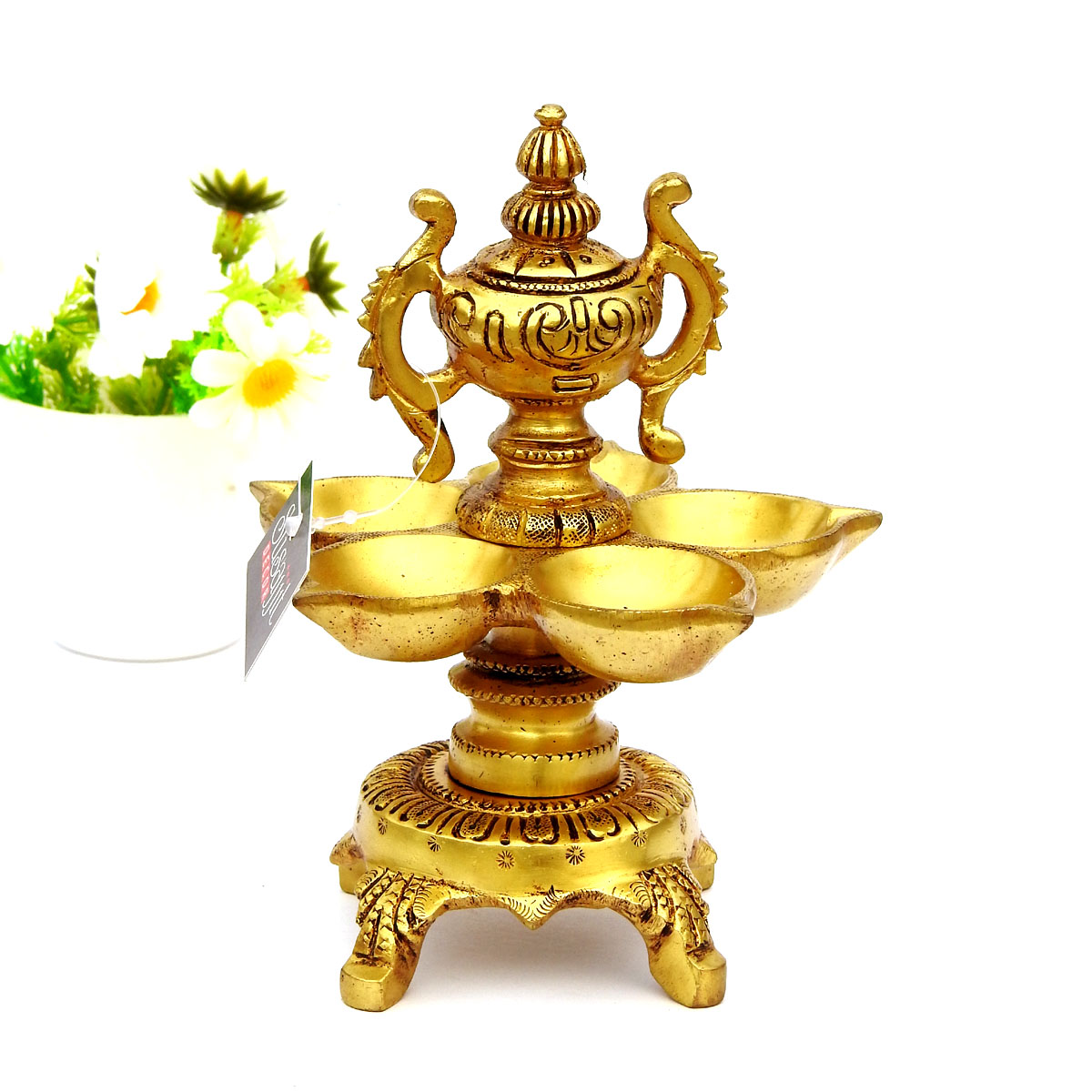 Brass World Cup Diya Design, 5 Wick Oil Diya