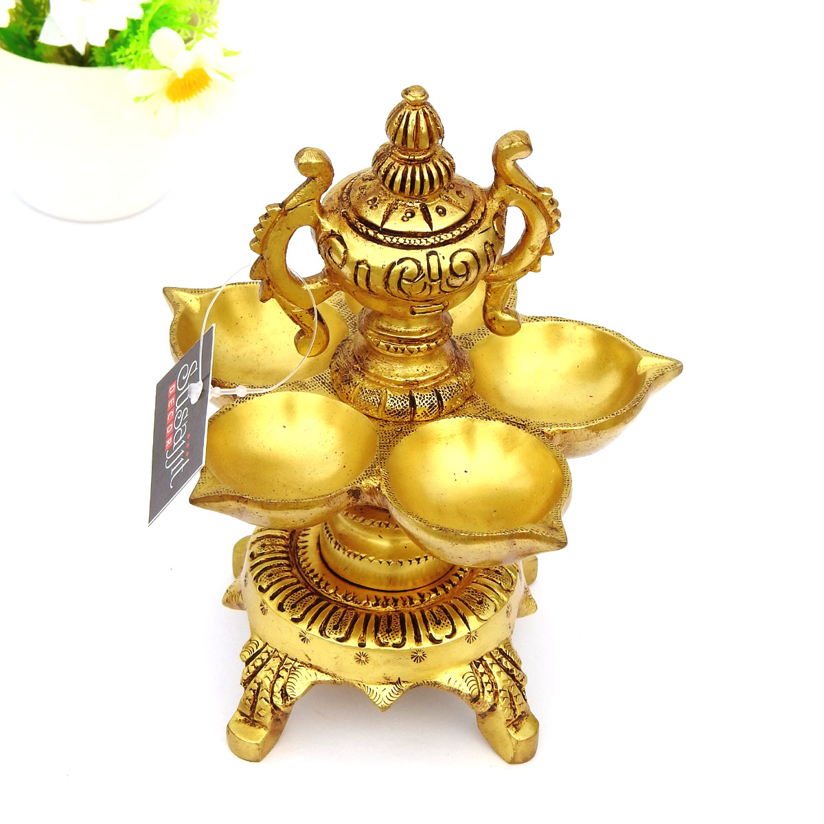 Brass World Cup Diya Design, 5 Wick Oil Diya