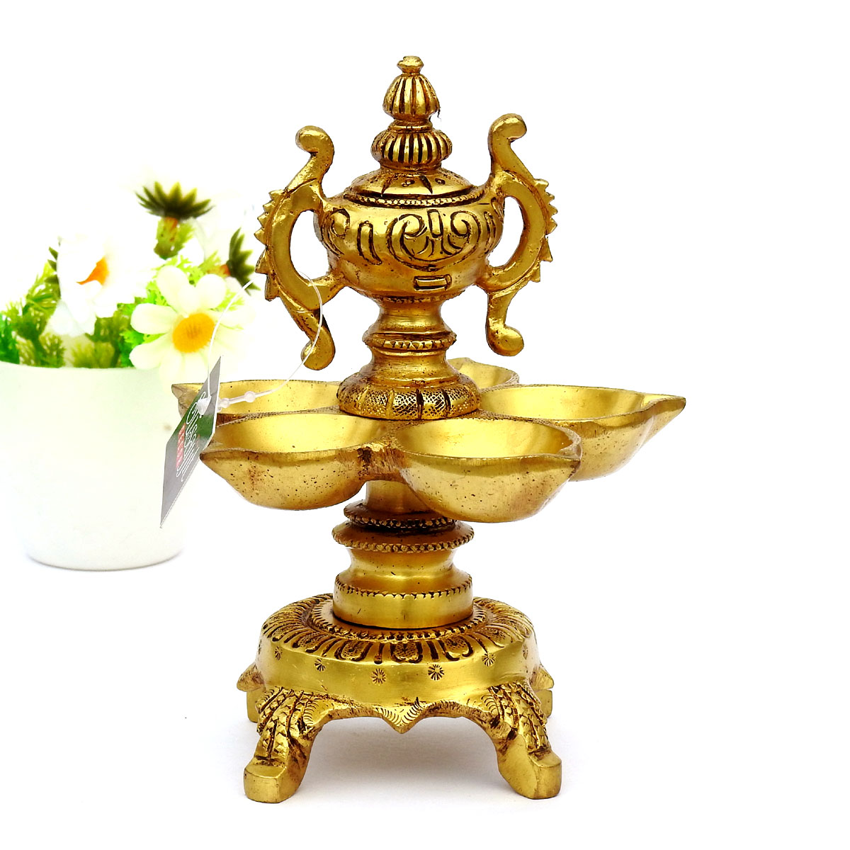 Brass World Cup Diya Design, 5 Wick Oil Diya