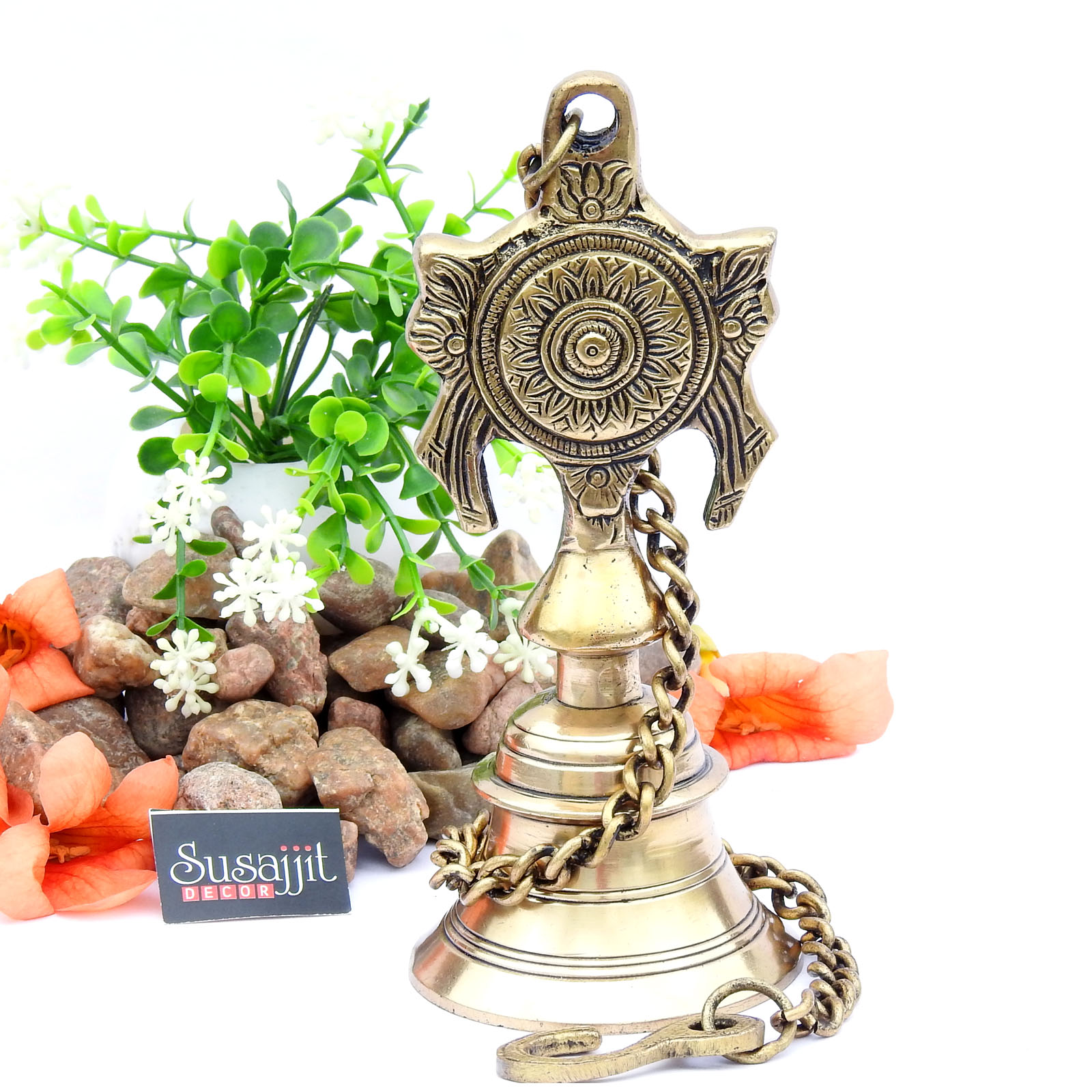 Brass Decorative Shankh Chakra Temple Hanging Bell for Home & Pooja Décor