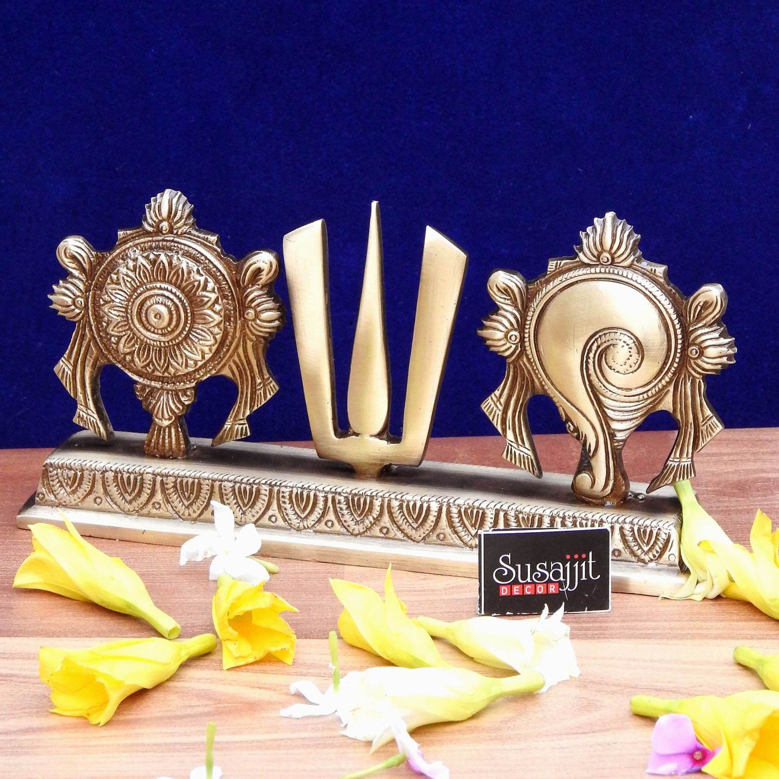 Brass Shankh Chakra Namah Religious Symbol Table Décor Showpiece