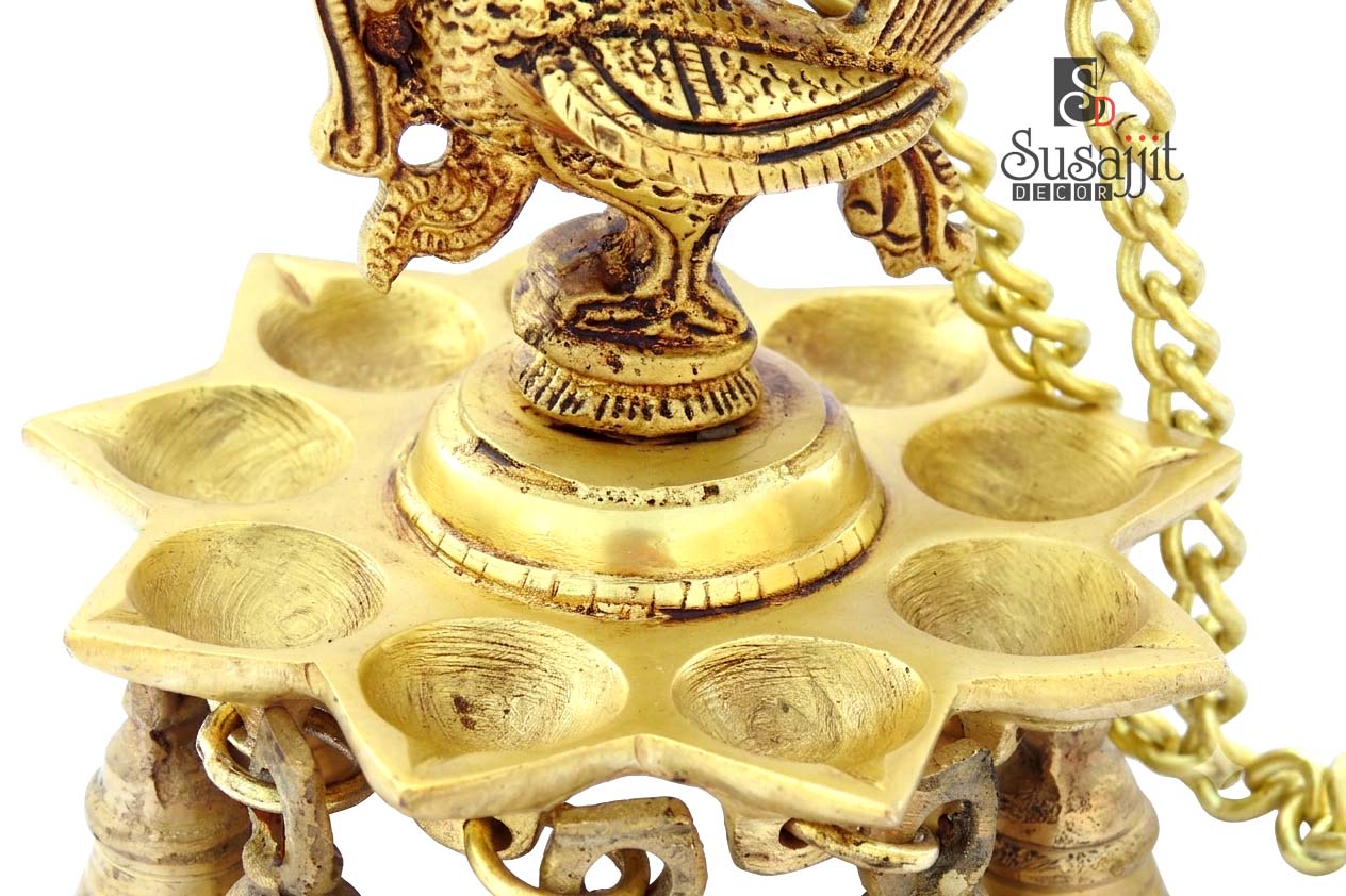 Brass Bird Hanging Diya with Bells – Traditional Decorative Oil Lamp for Pooja & Home Décor