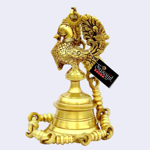 Decorative Brass Peacock Top Bell for Home Temple, Mandir, and Spiritual Wall Hanging Décor