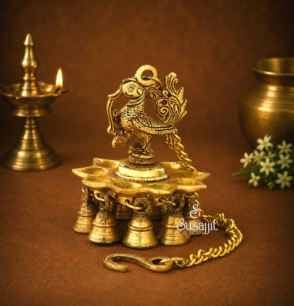 Brass Bird Hanging Diya with Bells – Traditional Decorative Oil Lamp for Pooja & Home Décor