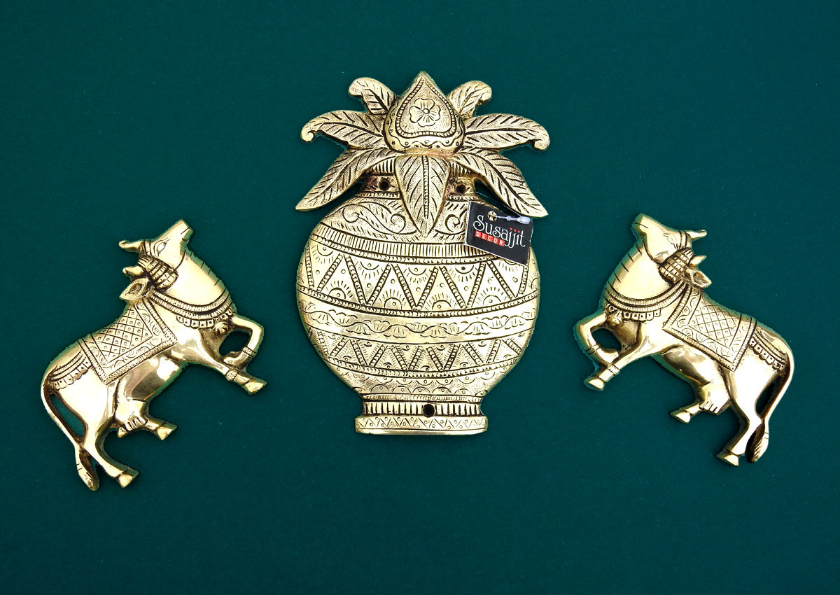 Brass Decorative Kalash with cow Beautiful Wall Decor Exquisite Home Decor Showpiece
