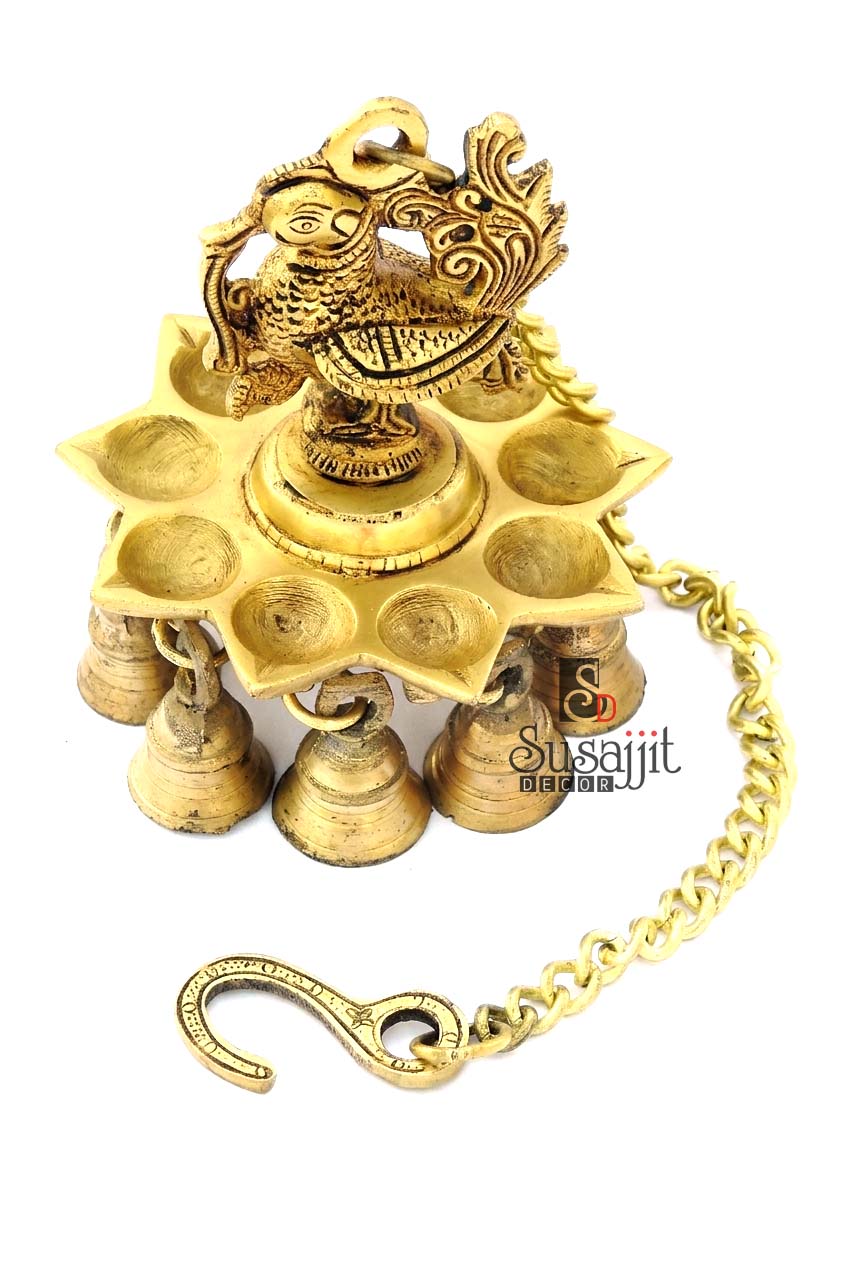 Brass Bird Hanging Diya with Bells – Traditional Decorative Oil Lamp for Pooja & Home Décor
