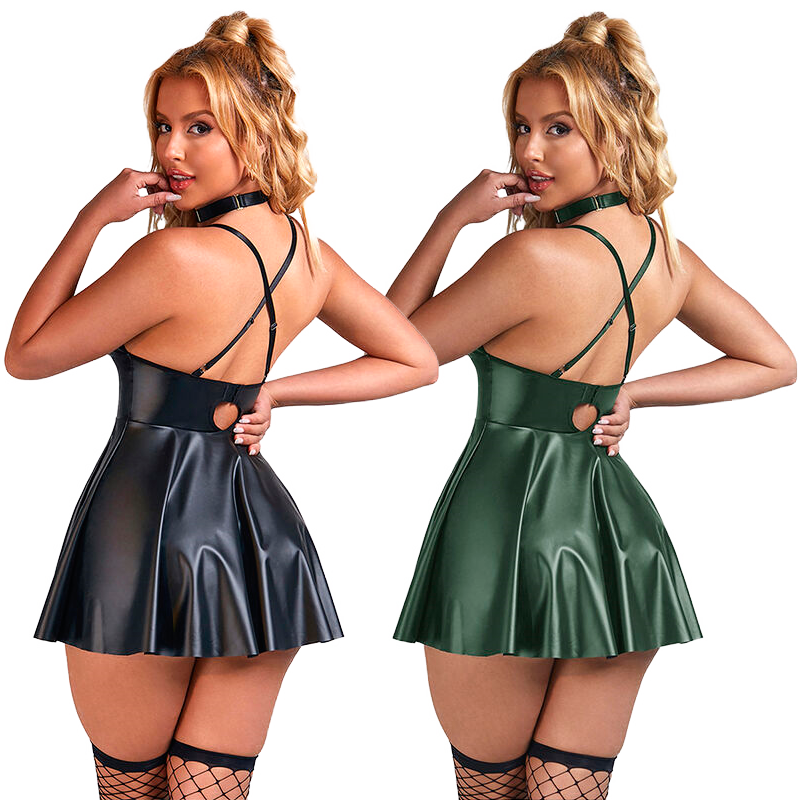 Robe à bretelles Simili Cuir Noir/Vert