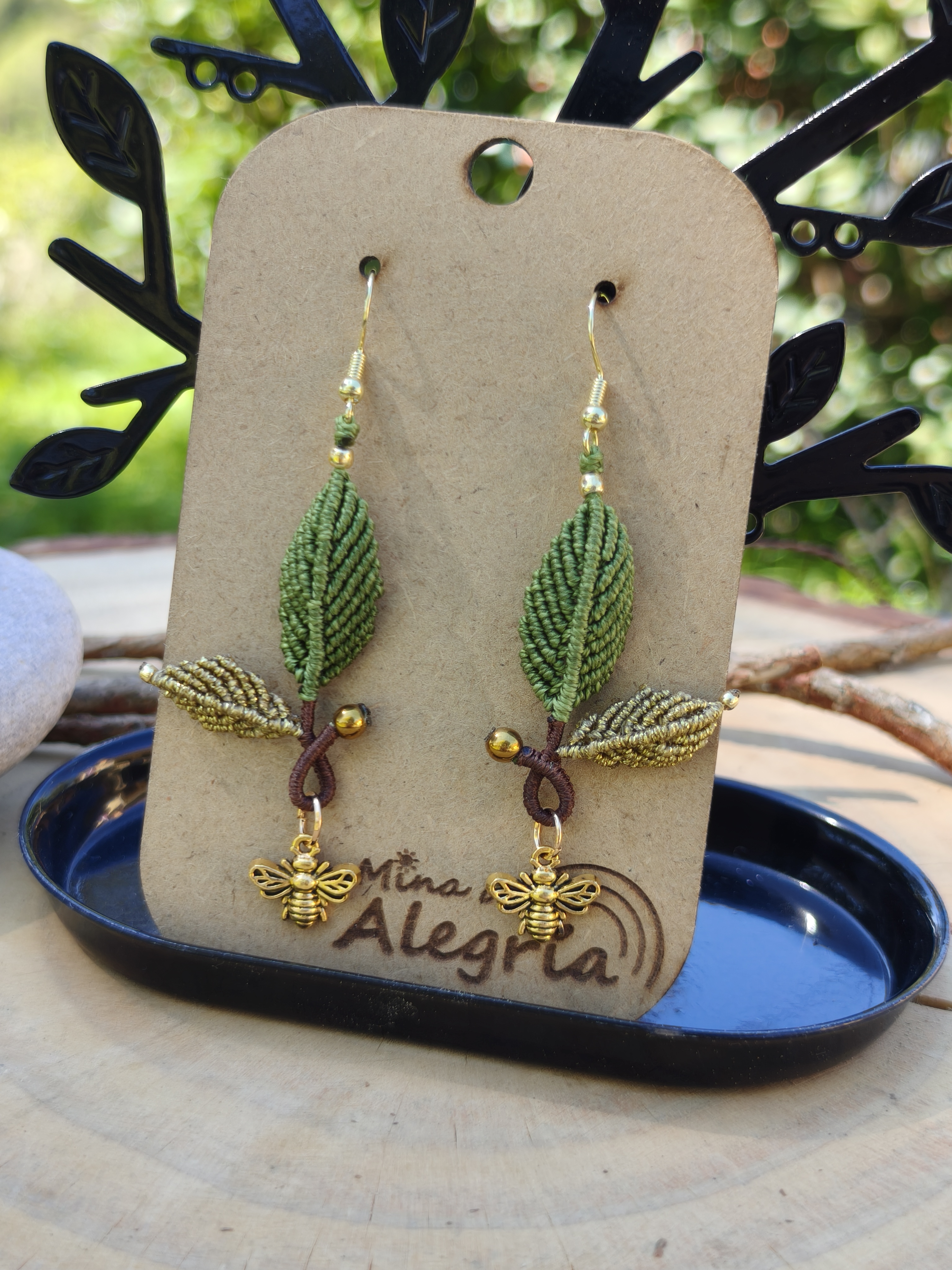 Leaf Earrings with Bee Charms