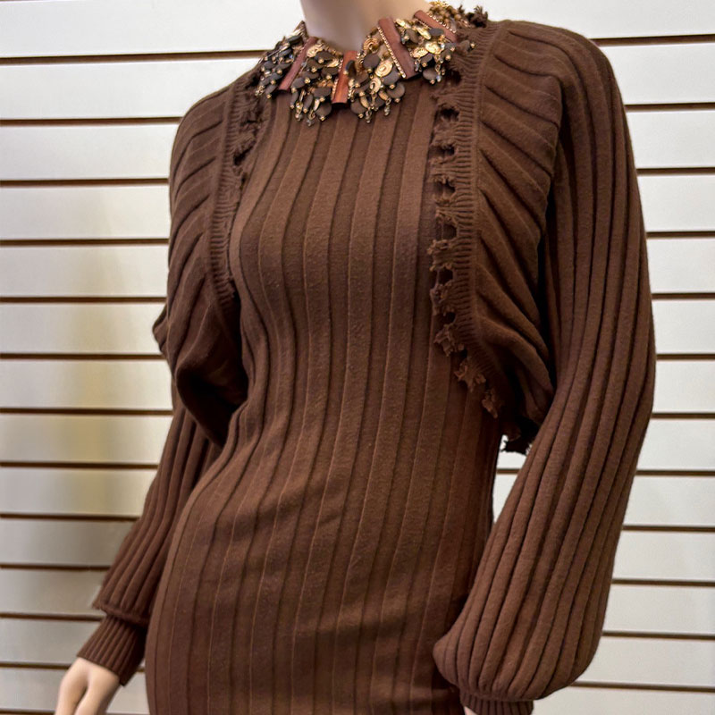 Brown Ribbed Knit Dress