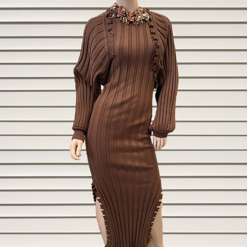 Brown Ribbed Knit Dress