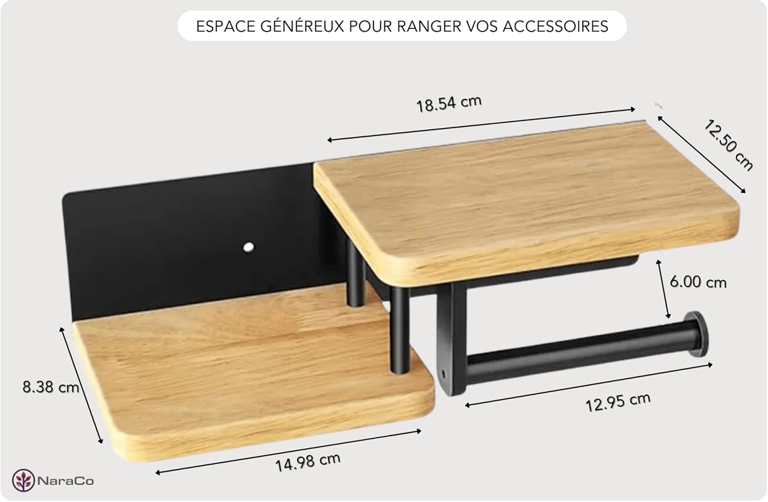 Porte-Papier Toilette Double avec Étagère en Bois et Support Mural en Acier Inoxydable 