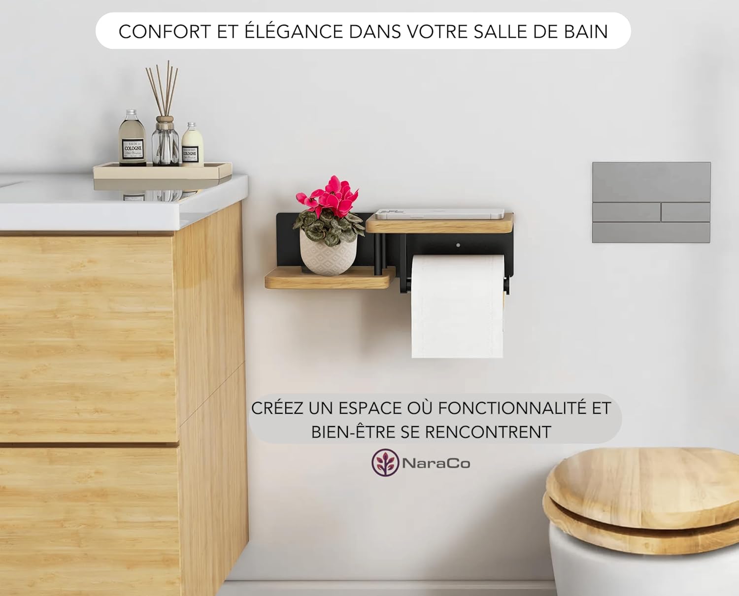Porte-Papier Toilette Double avec Étagère en Bois et Support Mural en Acier Inoxydable 
