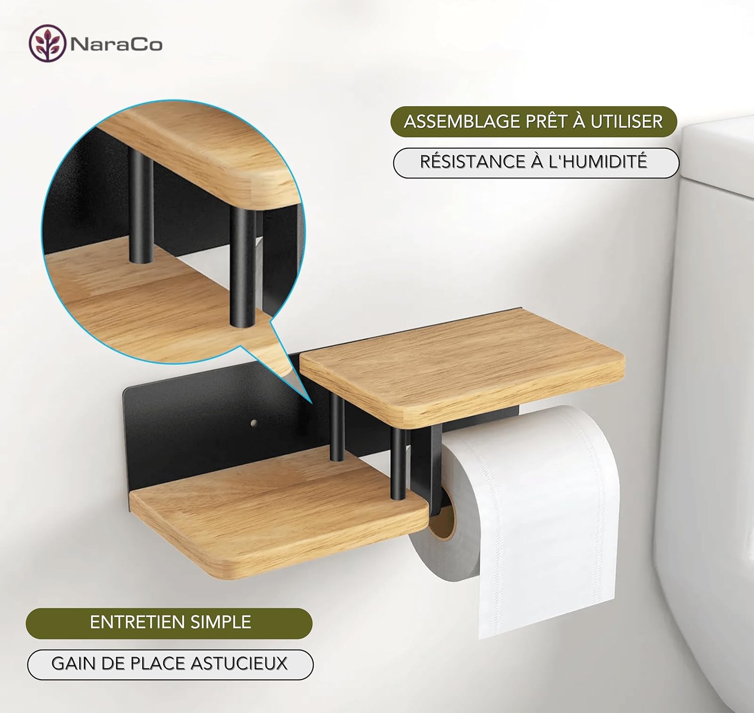 Porte-Papier Toilette Double avec Étagère en Bois et Support Mural en Acier Inoxydable 