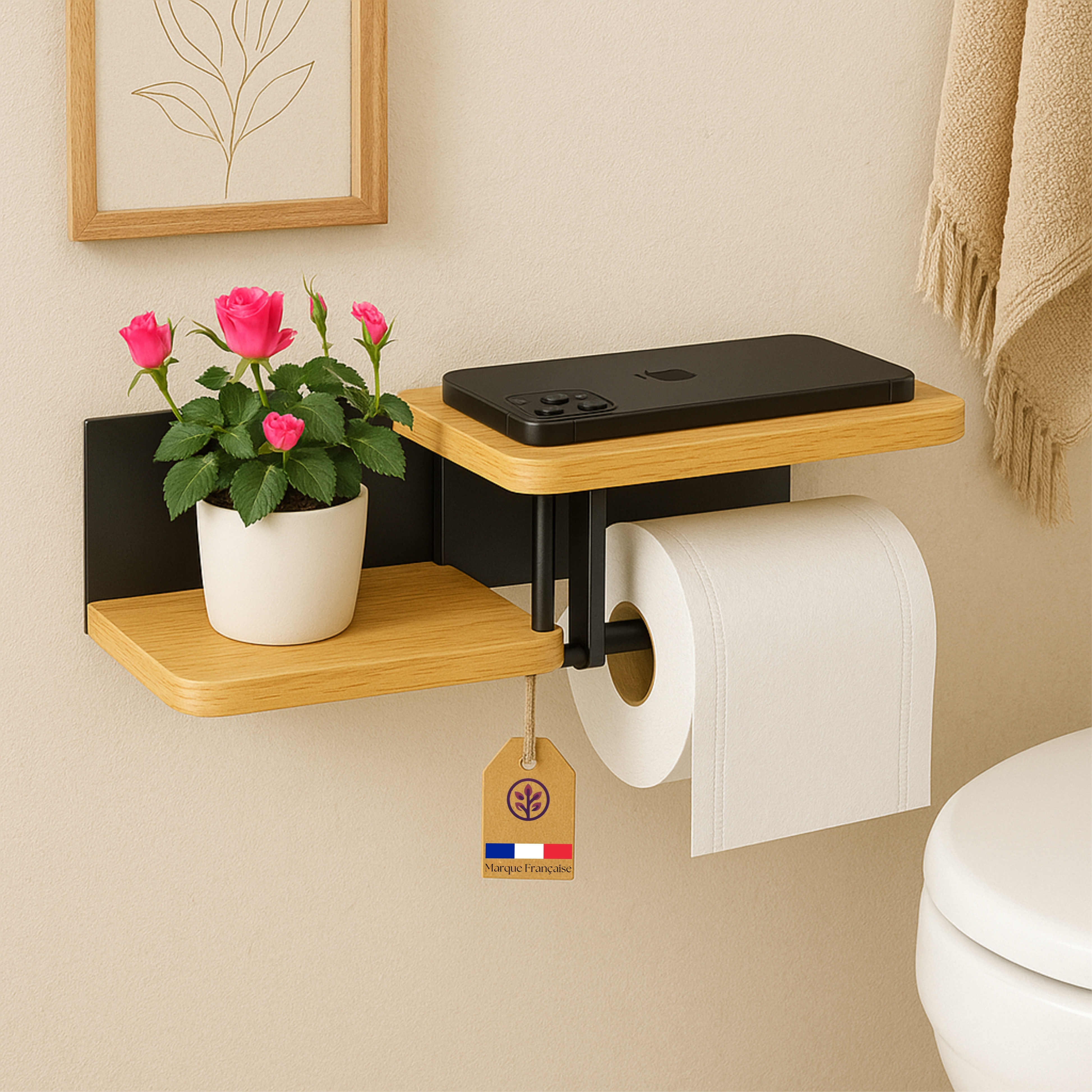 Porte-Papier Toilette Double avec Étagère en Bois et Support Mural en Acier Inoxydable 