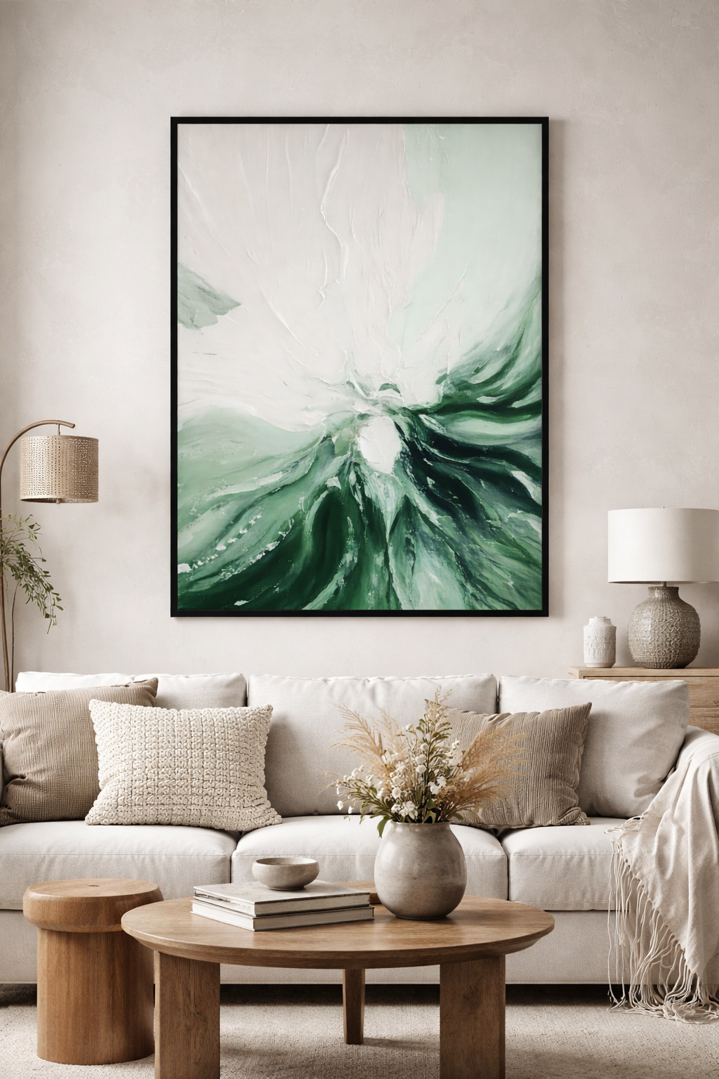 Tableau abstrait vert et blanc (fait main)