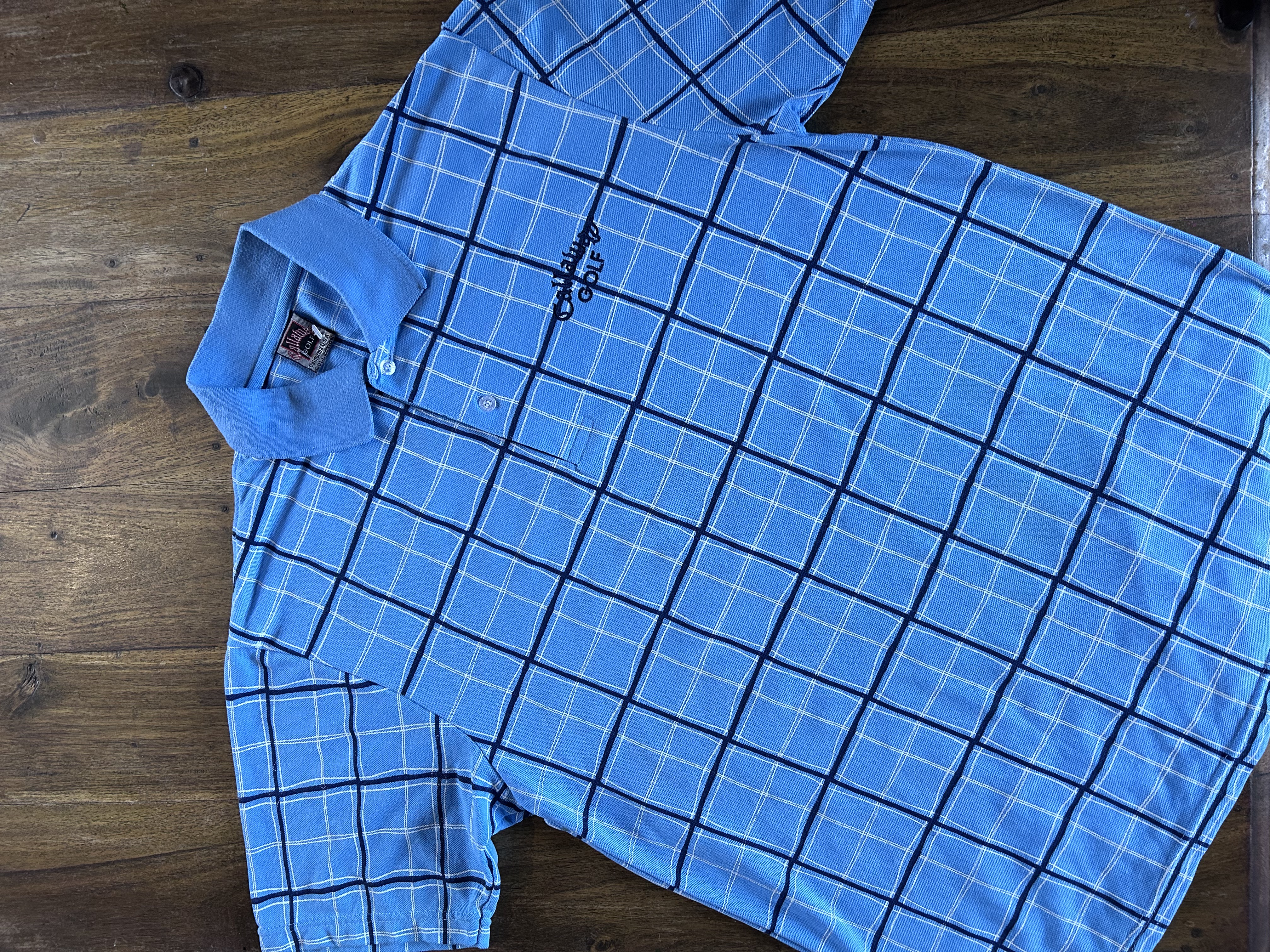vintage light blue chequered Callaway polo (M)