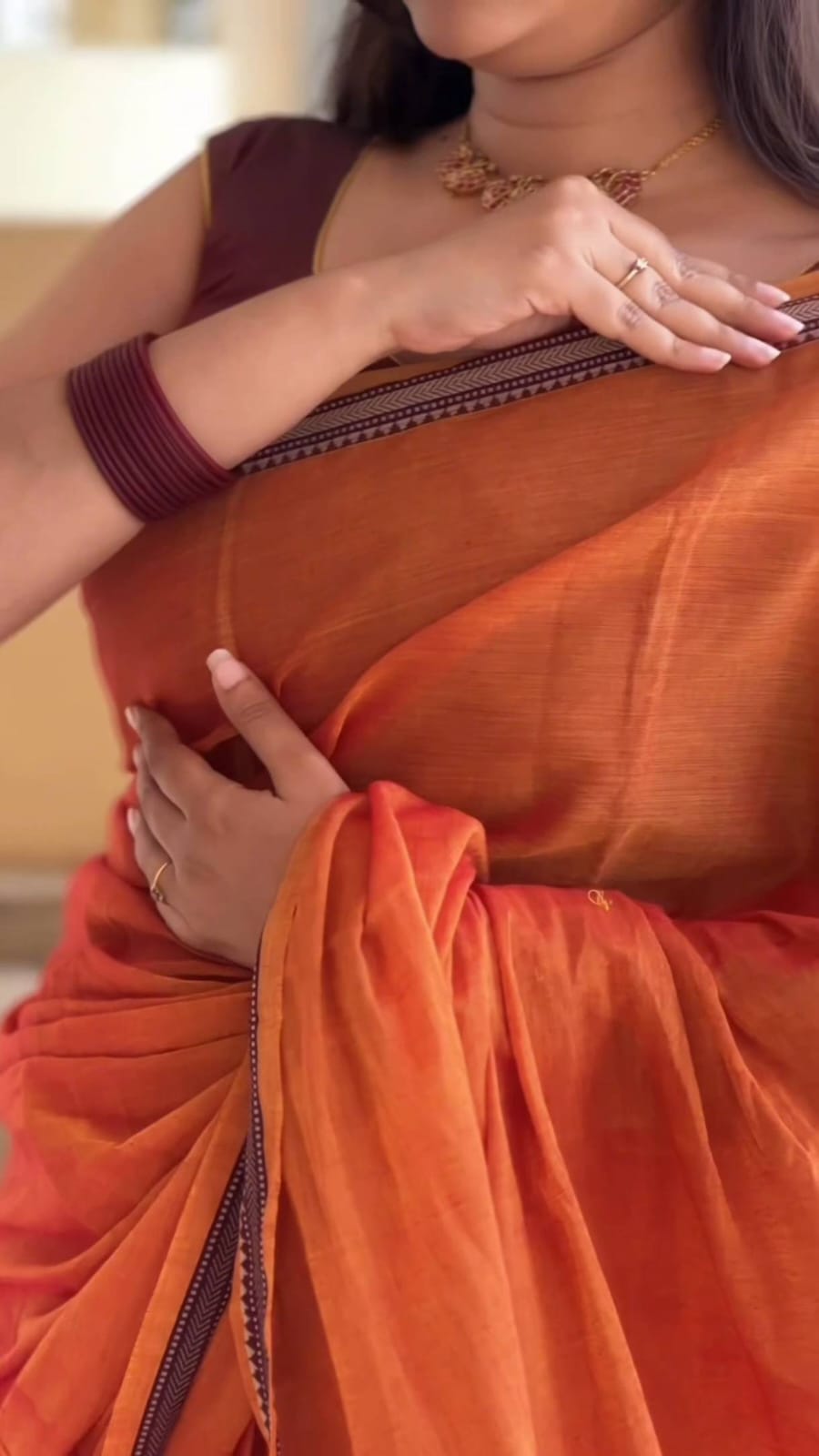 Narayanpet cotton orange saree with running blouse