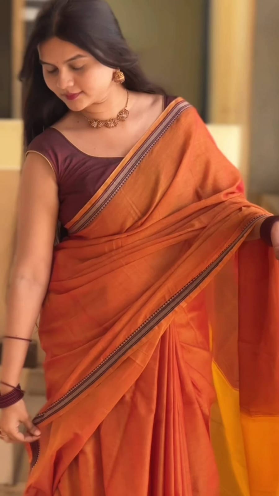 Narayanpet cotton orange saree with running blouse
