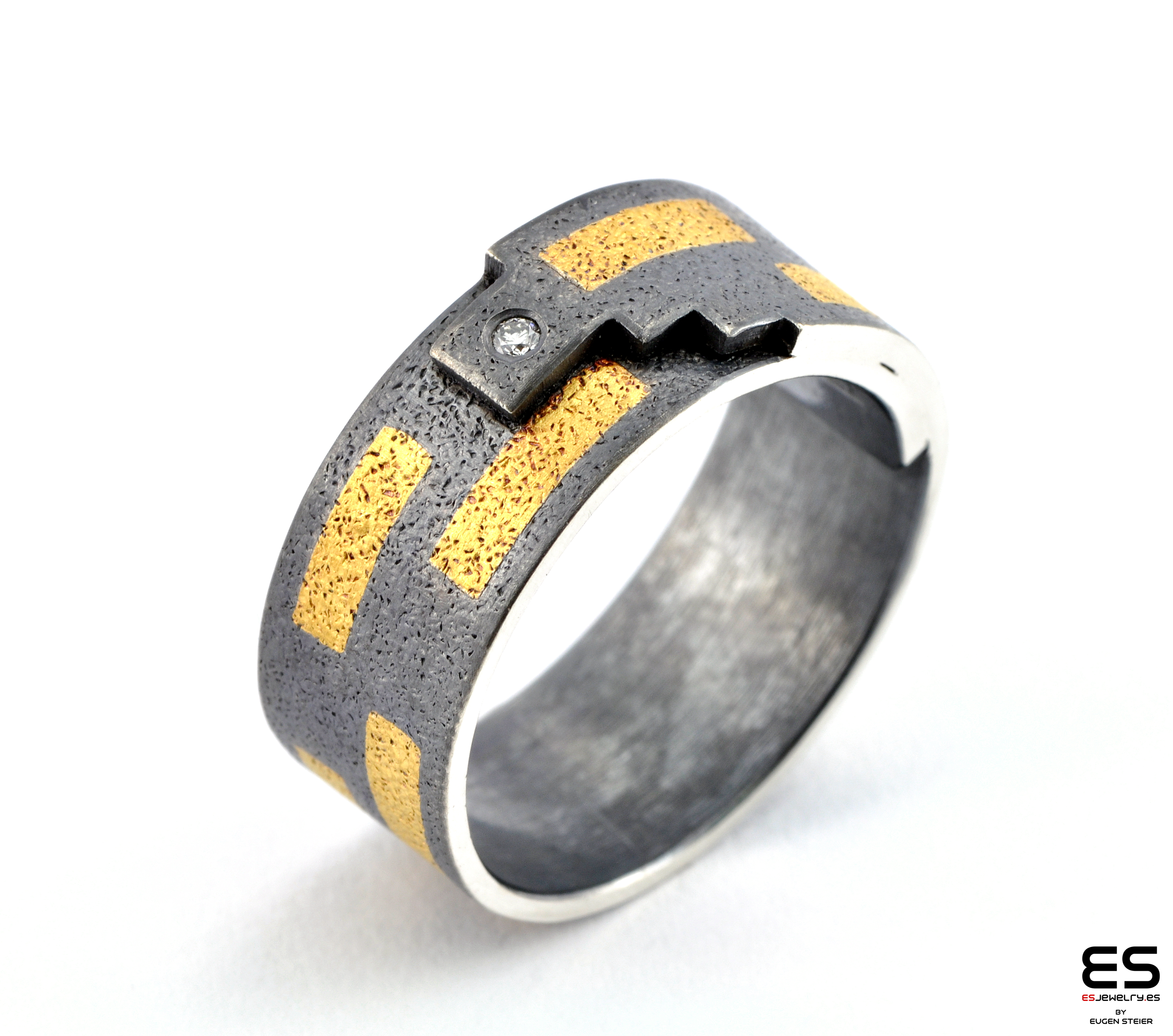 Black Silver and Gold Ring with Diamond