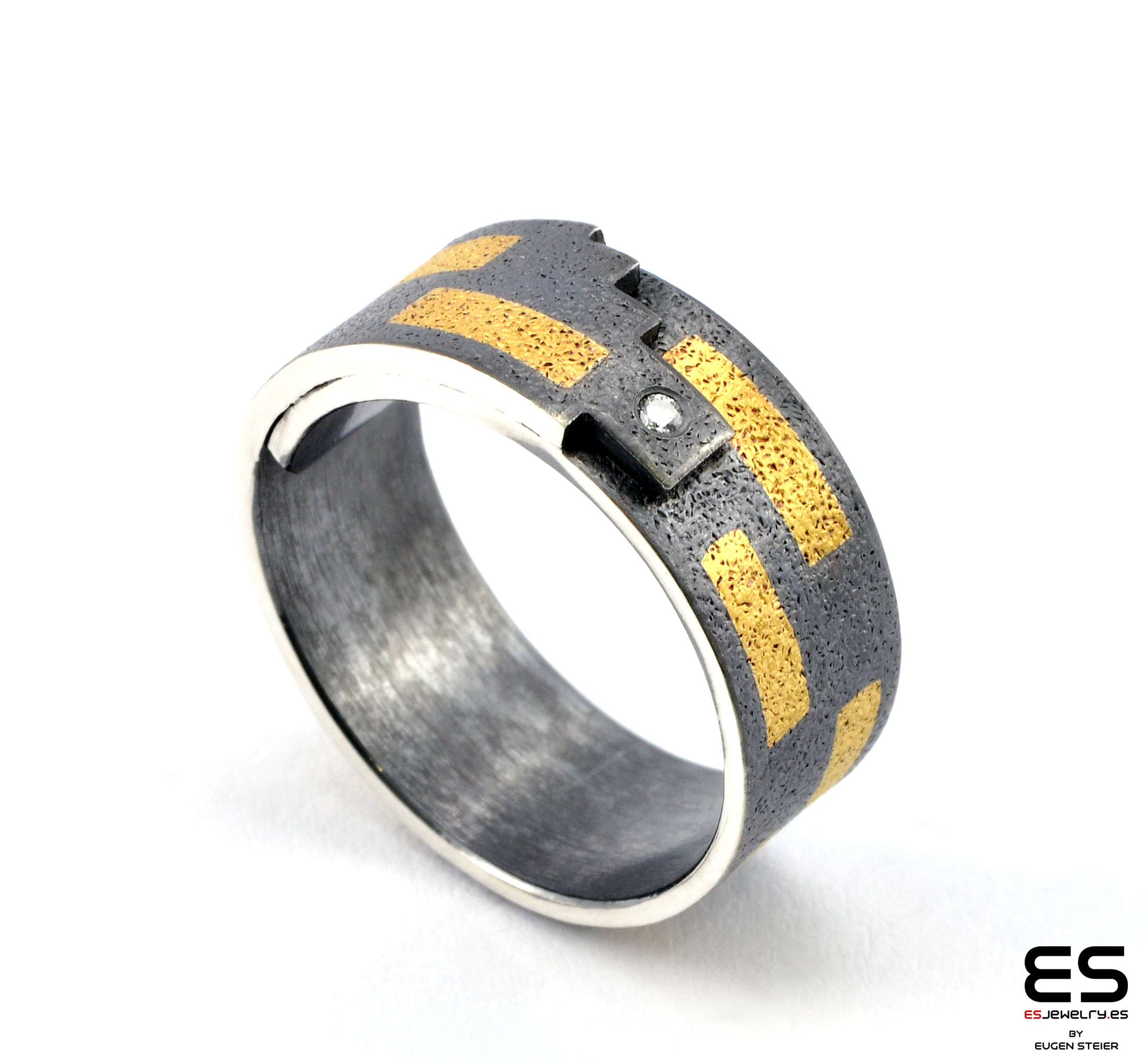 Black Silver and Gold Ring with Diamond