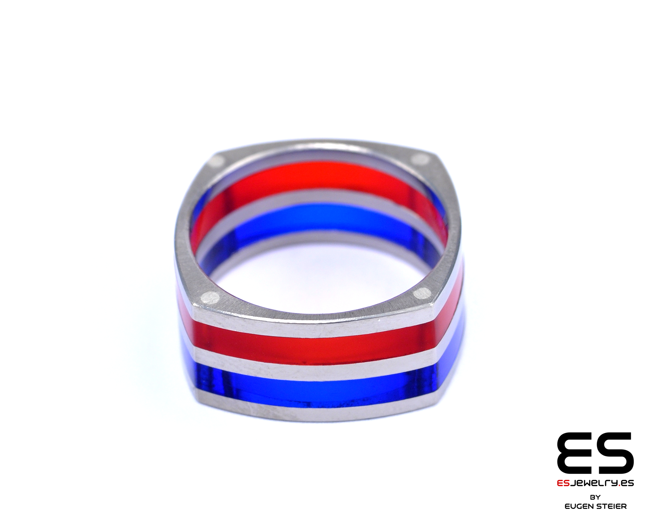 Wide Square Shaped Colorful Titanium and Acrylic Glass Ring
