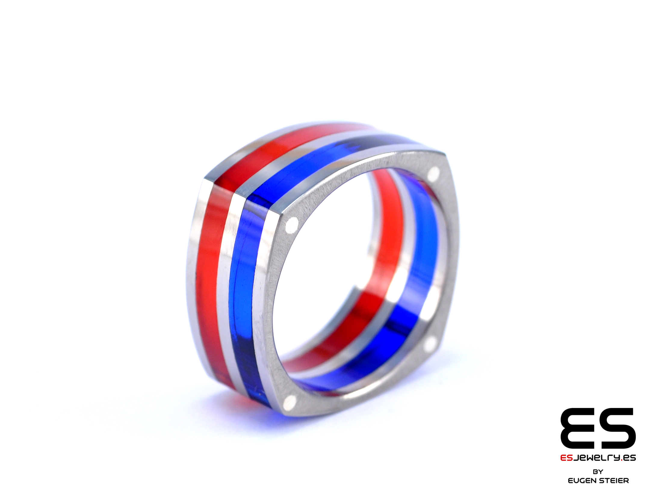 Wide Square Shaped Colorful Titanium and Acrylic Glass Ring
