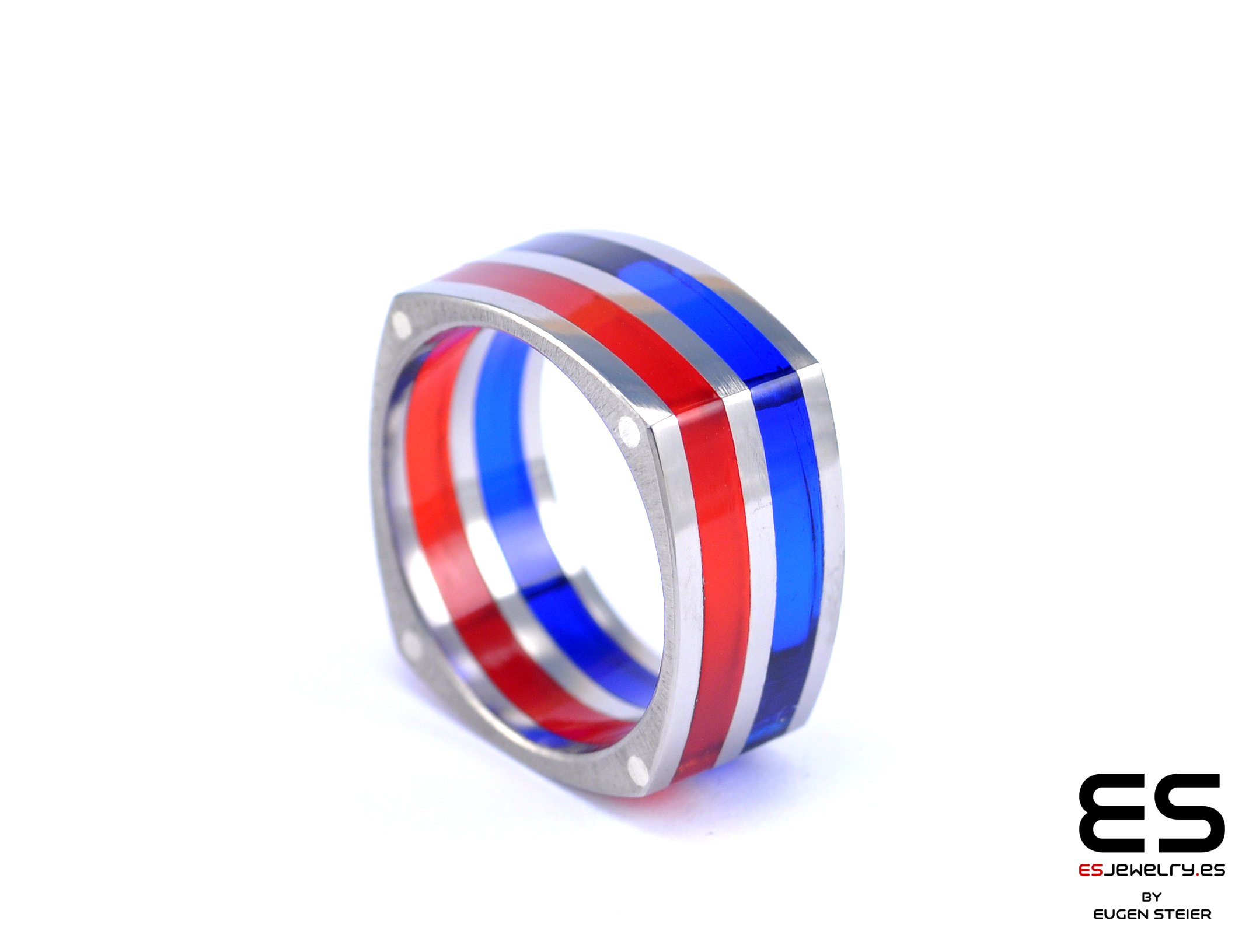 Wide Square Shaped Colorful Titanium and Acrylic Glass Ring