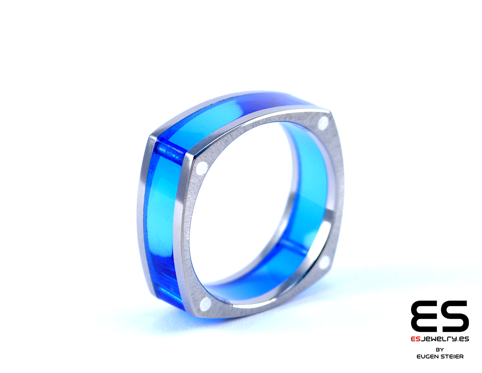 Square Shaped Blue Plexiglass and Titanium Ring 