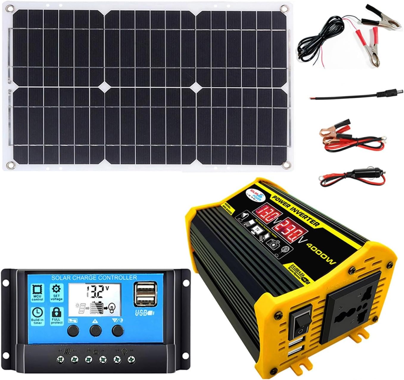 Kit de Energía Solar 4000W 12V to 110V/220V Solar System Combination Inverter Solar Panel Kit Solar Generator Home Grid System 30A Controller + 18w12v Solar Panel (Color : Black, Size : 12V-110V)