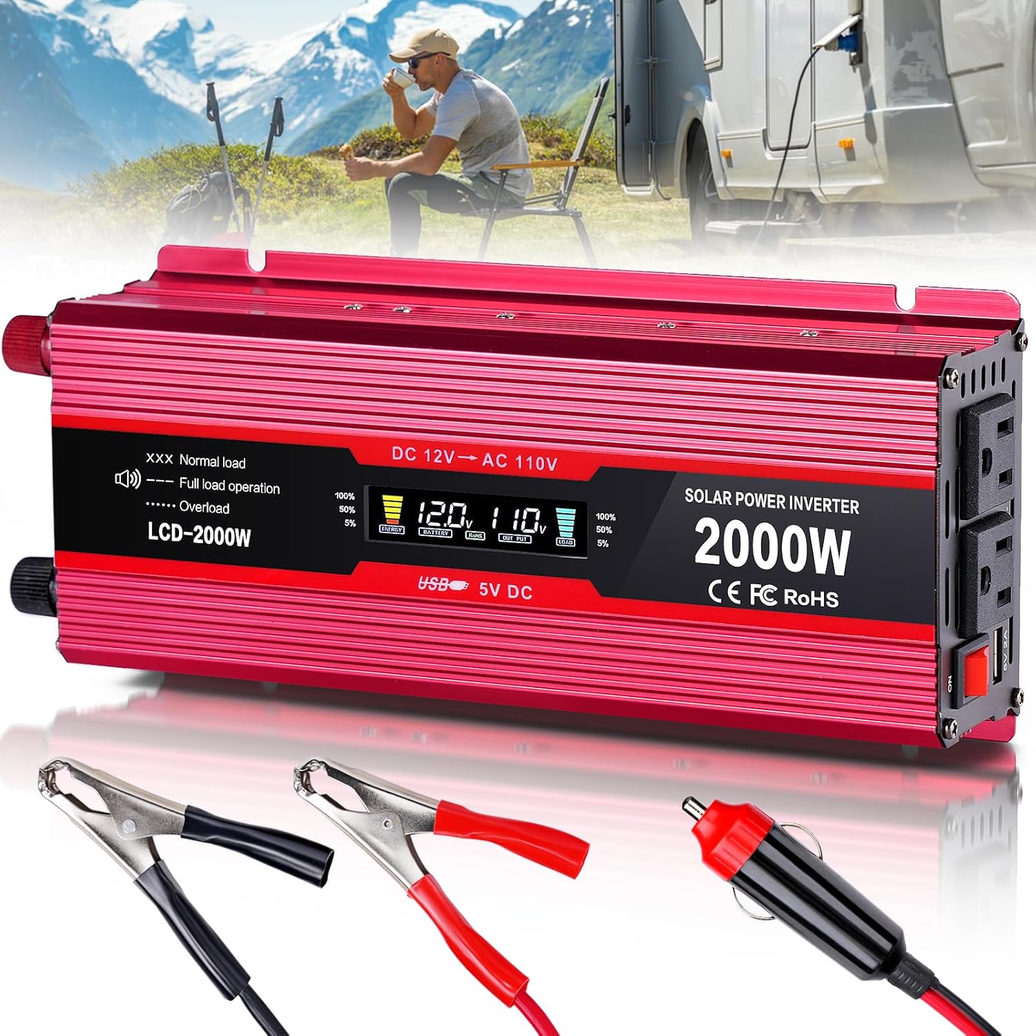 Inversor de energía solar de 2000W,Car Power Inverter 12v to 110v 1000W/2000W(Peak) Power Inverters for Vehicles Truck Home with Dual AC Outlets and 5V USB Charging Port inversor de corriente 12v a 110v (1000W)