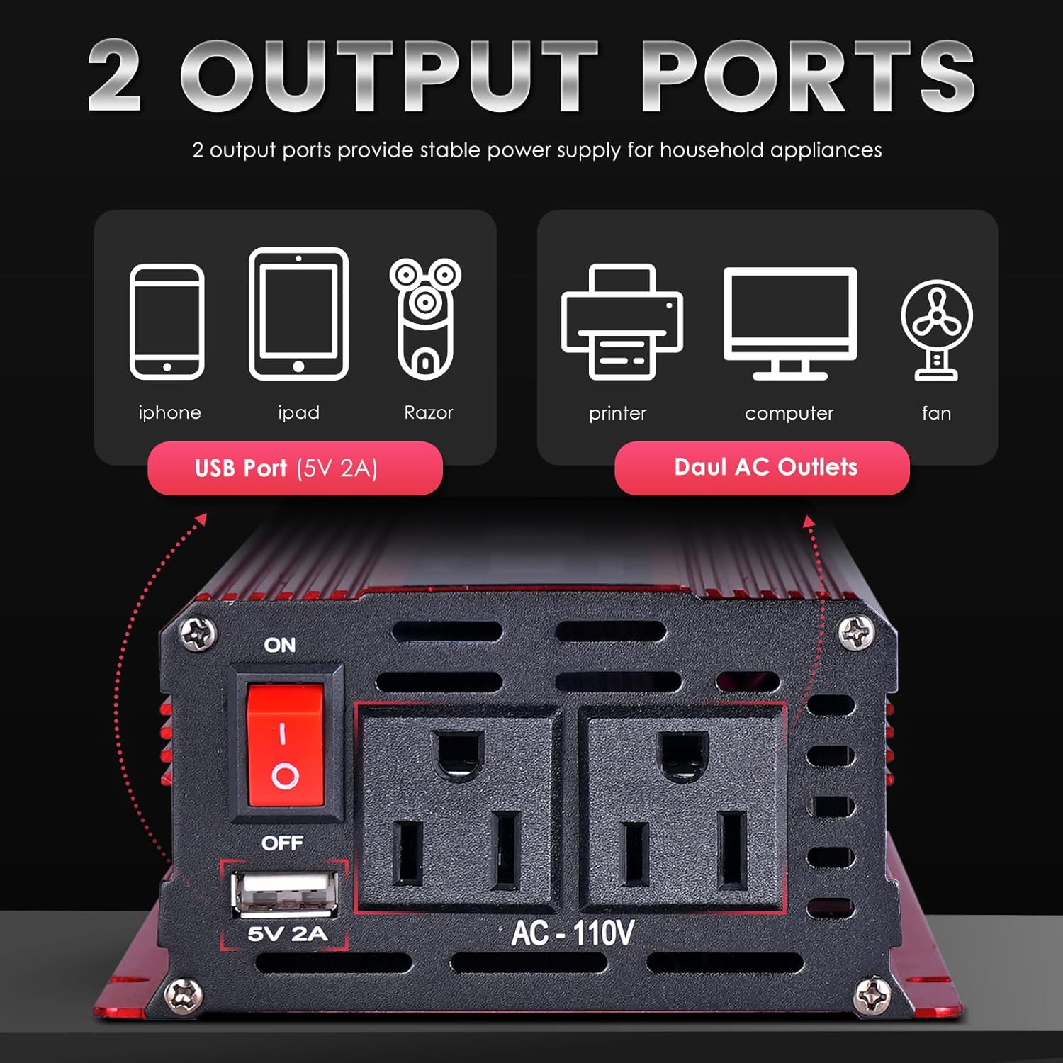 Inversor de energía solar de 2000W,Car Power Inverter 12v to 110v 1000W/2000W(Peak) Power Inverters for Vehicles Truck Home with Dual AC Outlets and 5V USB Charging Port inversor de corriente 12v a 110v (1000W)