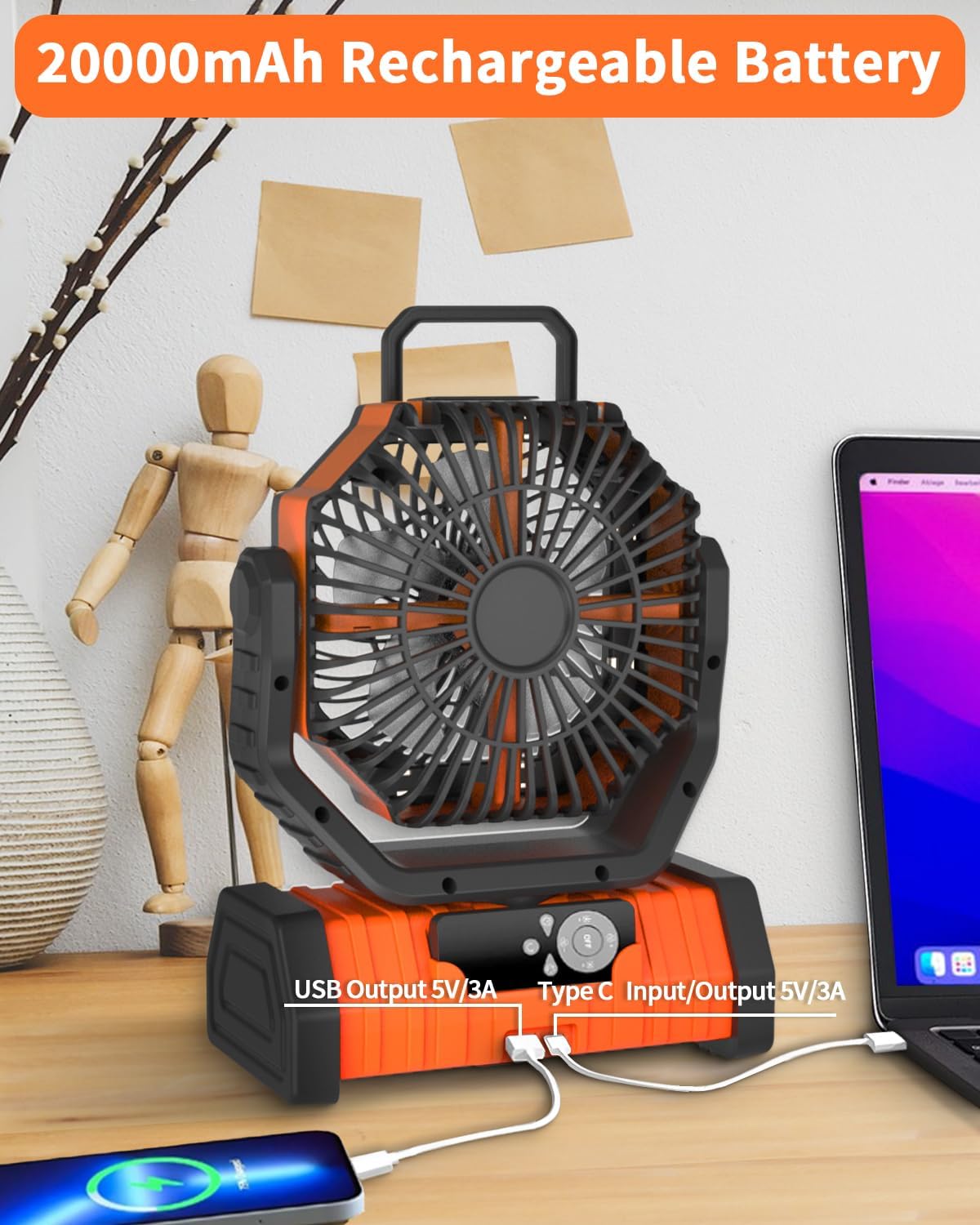 Ventilador portátil recargable con luz LED
