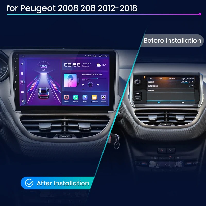 CarPlay Peugeot 208 (2012-2018) Android CarPlay HD Écran Tactile GPS + Façade