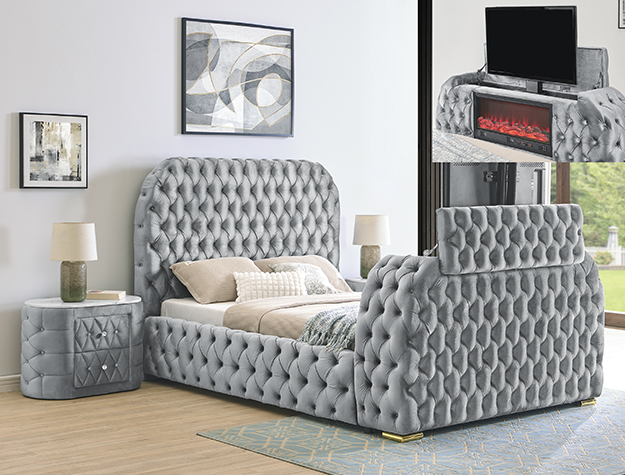 Wam Tufted King Bed with Fireplace Footboard