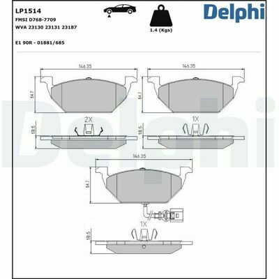  Kit de Plaquettes de Frein avant , DELPHI LP1514 pour AUDI, VW, SEAT, SKODA 
