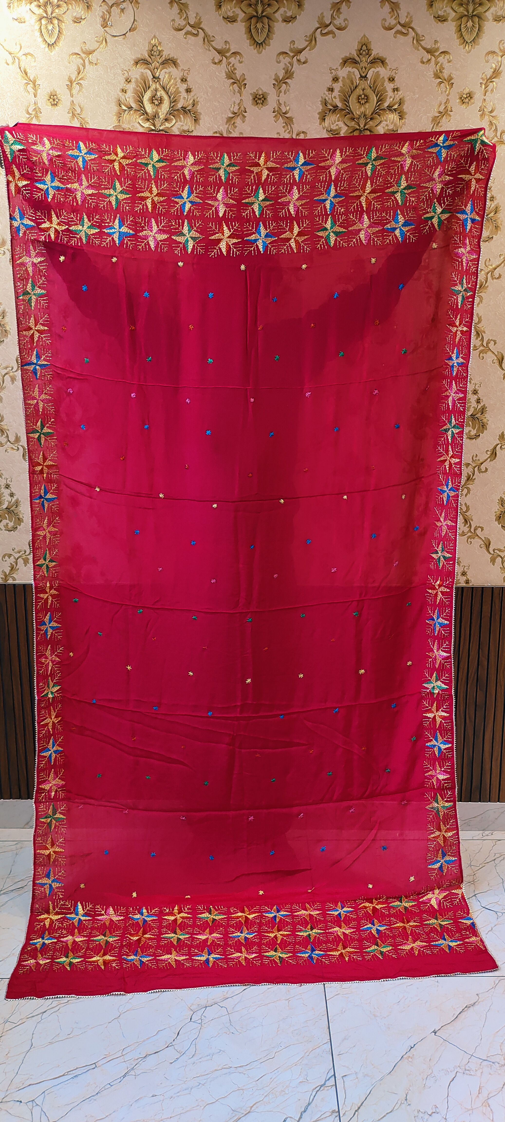 Magenta Semi Chinon Handmade Phulkari Dupatta