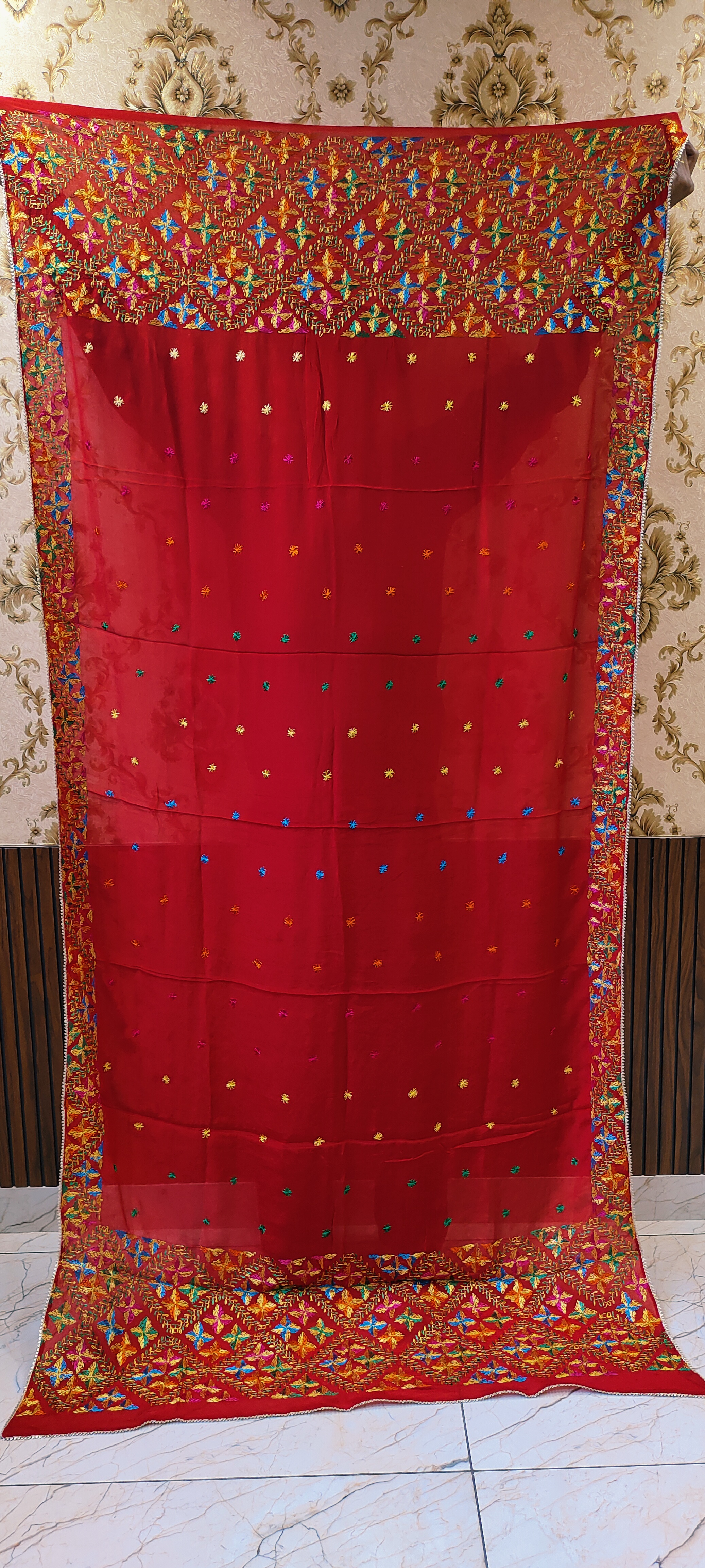 Red Semi Chinon Handmade Phulkari Dupatta