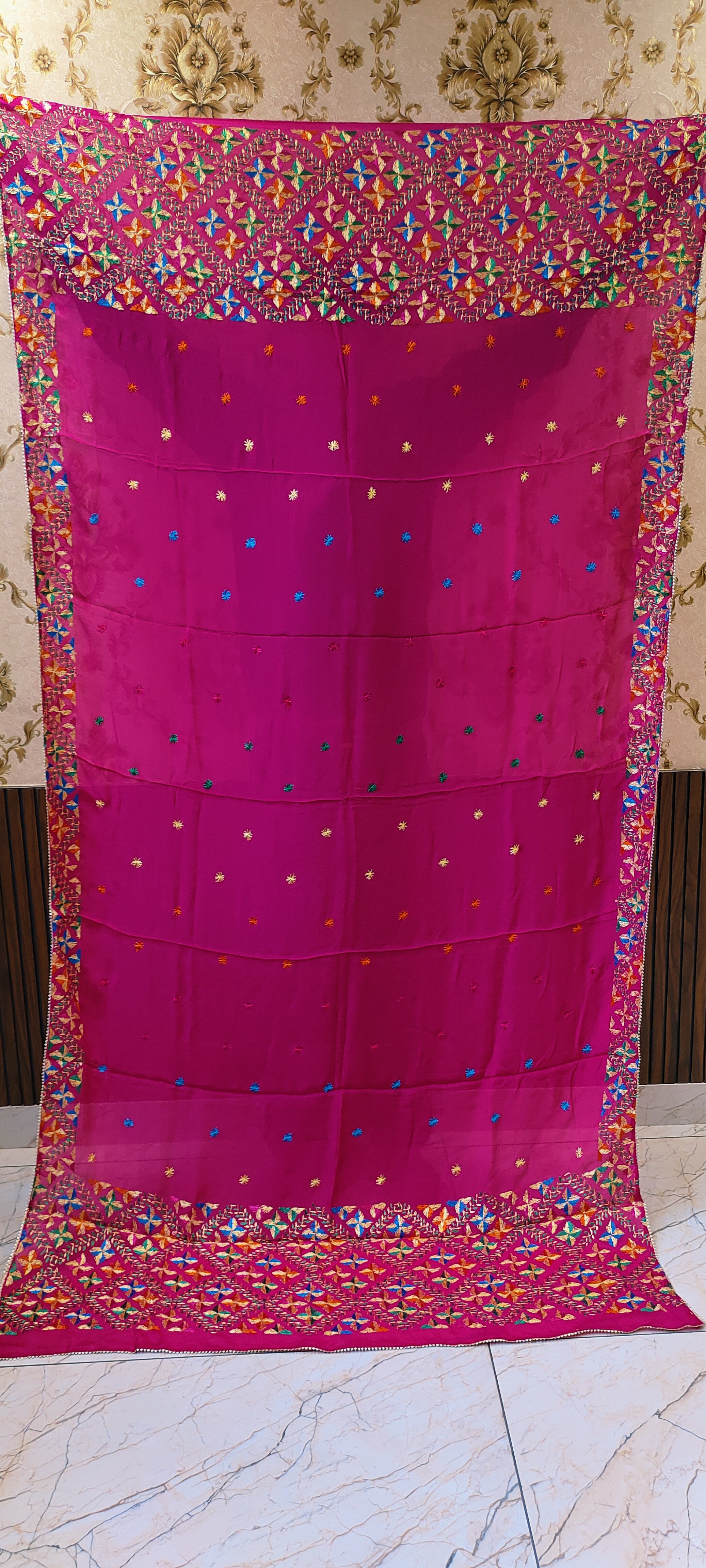 Magenta Semi Chinon Handmade Phulkari Dupatta