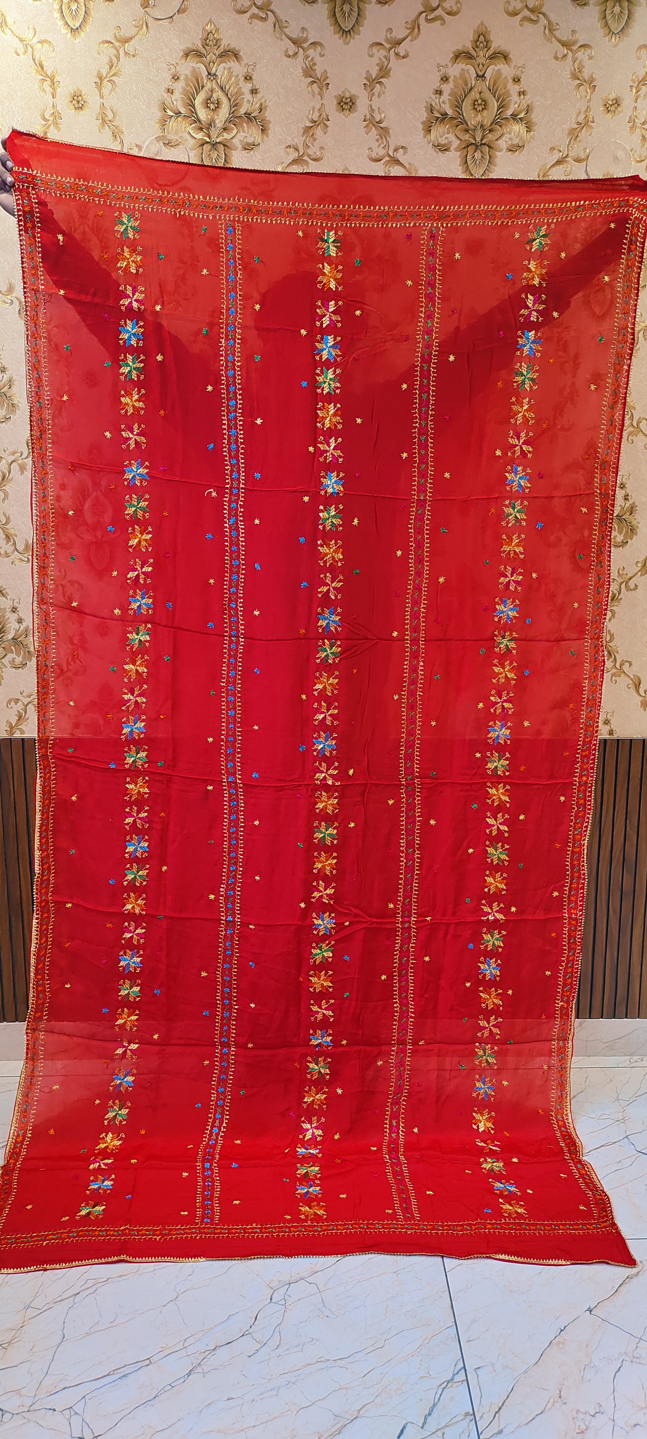 Red Semi Chinon Handmade Phulkari Dupatta